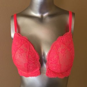 Victoria's Secret Hot Coral Pink Lace Push-Up Bra With Clear Center Strap